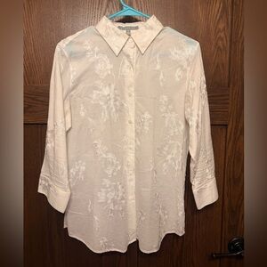 women’s white button down with flower detail